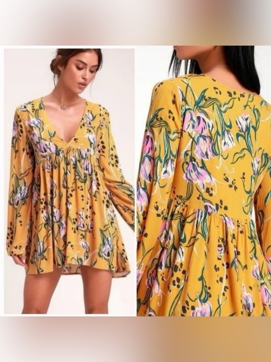 Free People Dresses & Skirts - FREE PEOPLE Bella Floral-print Tunic Mini Dress Yellow gold Sz M